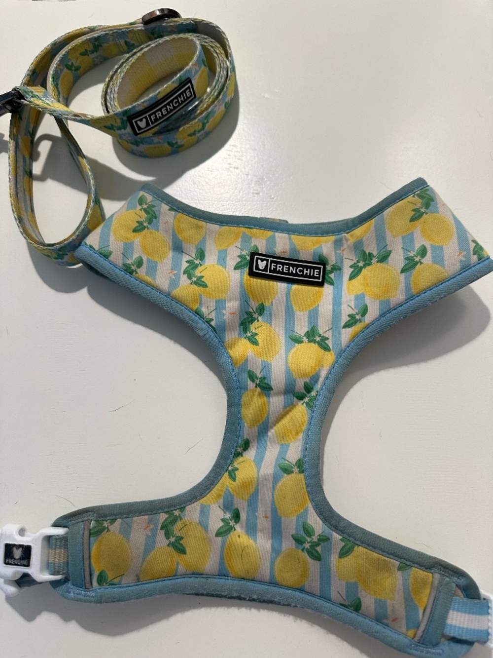 Frenchie Bulldog Reversible Dog Harness & Comfort Dual Print Leash - Lemon Print